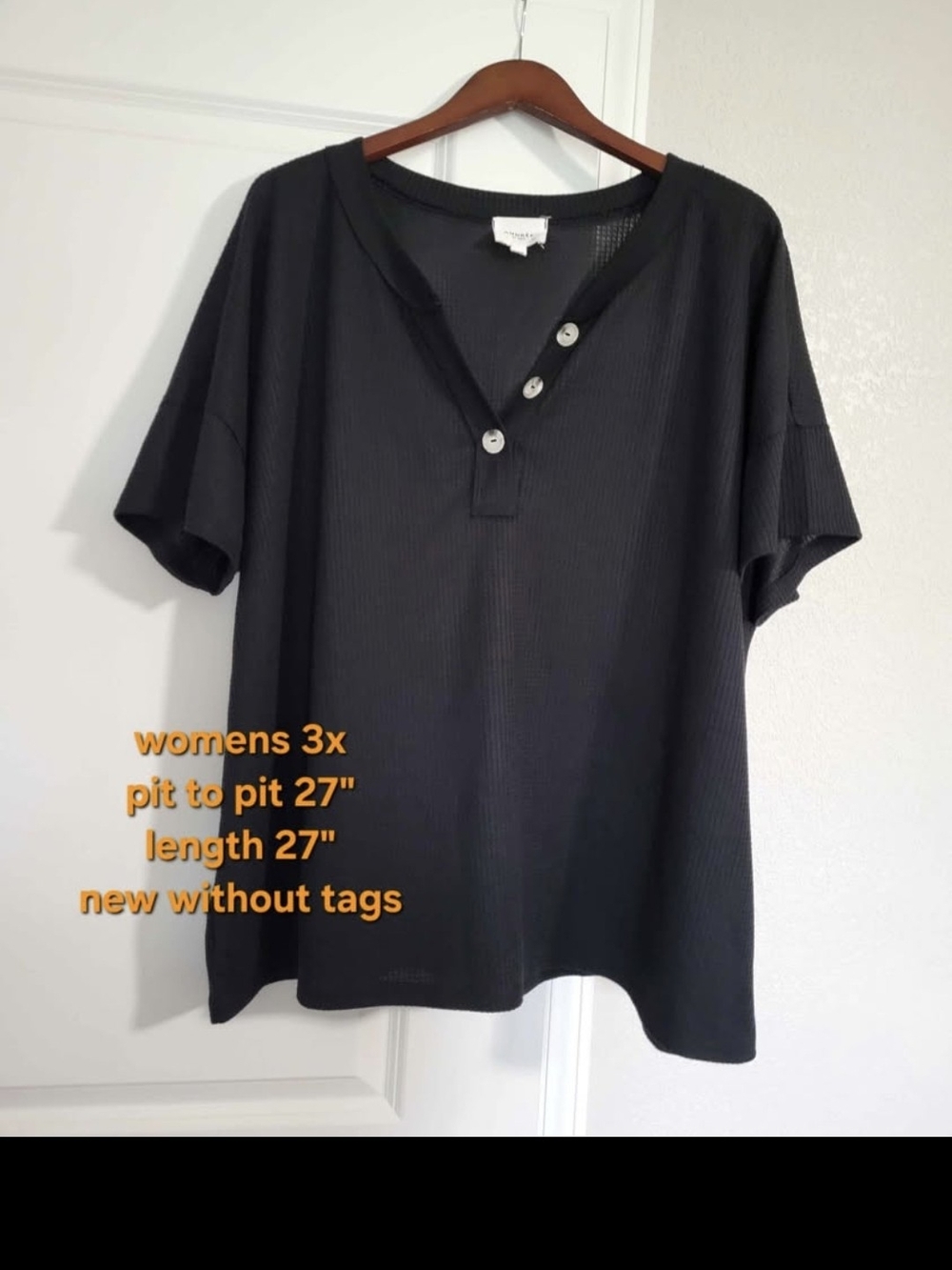 Black Short Sleeve Henley Top with Button Placket